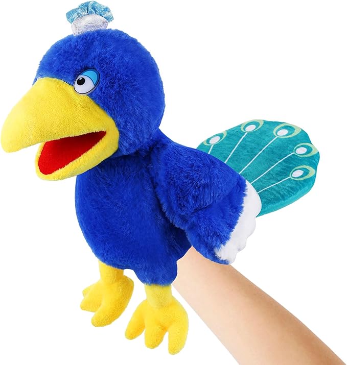 Animal Hand Puppets 11 Inch Bird Plush Toucan Owl Eagle Parrot Flamingo Peacock Puppet Toys Role-Play Puppets for Kids Storytelling Imaginative Pretend Play Teaching Preschool(Peacock)