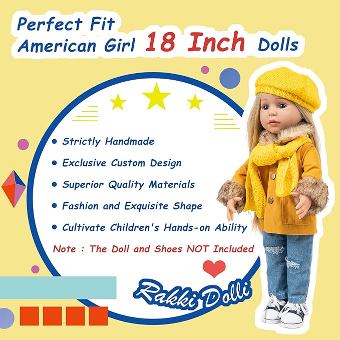 18 Inch Doll Clothes Set 5-PC Fashion Mustard Winter Coat Set Includes Warm Coat, Shirt, Jeans, Yellow Knit Hat & Knit Scarf, Outfits Casual Wear Fits American Girl,Our Generation Dolls