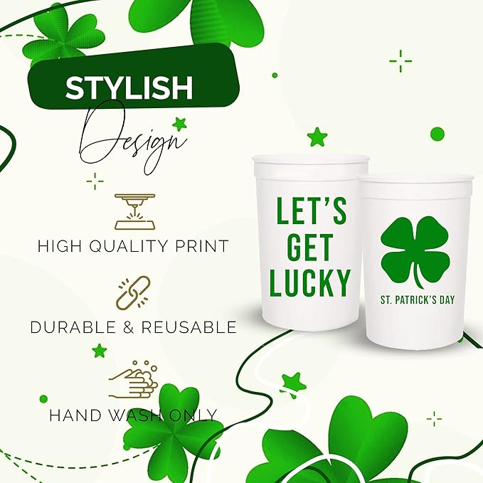 Let's Get Lucky St. Patrick's Day Cups, Set of 12-16oz Plastic Saint Cups for Party Favors and Shamrock-Themed Decorations - St Patricks Day Party Supplies and Drinking Accessories