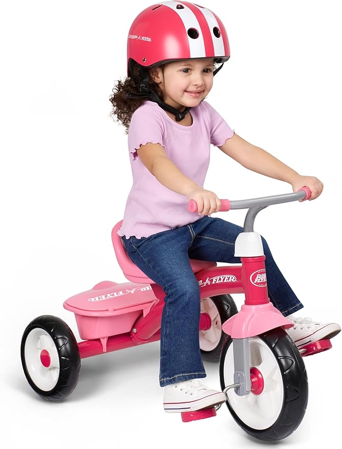 Radio Flyer Pink Rider Trike, Ages 2.5-5, Adjustable Seat, Steel Construction, Quiet Ride Wheels, Storage Bin, Comfort Grip Handlebars, Tricycle for Toddlers, Amazon Exclusive