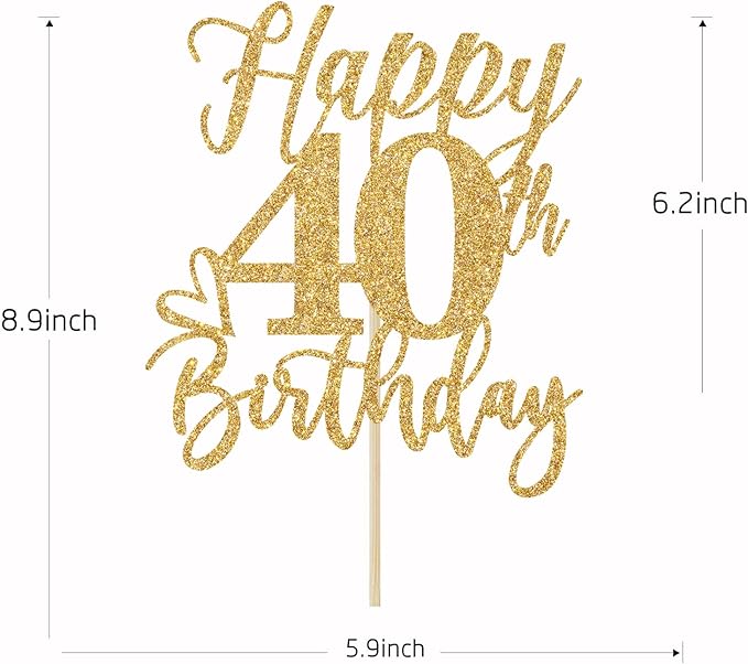 Happy 40th Birthday Cake Topper, 40th Birthday Party Decorations, Cheers to 40 Years, 40th Funny Happy Birthday Party Supplies Gold Glitter
