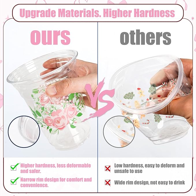 50 Pieces Floral Plastic Cups, 16 Oz Floral Clear Disposable Cups Bulk Flower Plastic Drinking Cup for Spring Summer Party Favor Flower Birthday Wedding Party Supplies