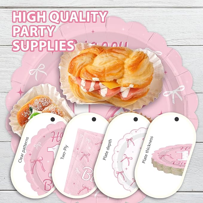 96Pcs Pink Bow Party Supplies Coquette 11th Birthday Party Plates and Napkins Disposable Bow Themed Tableware Set for Girl Happy 11th Birthday Baby Shower Decorations, Serves 24