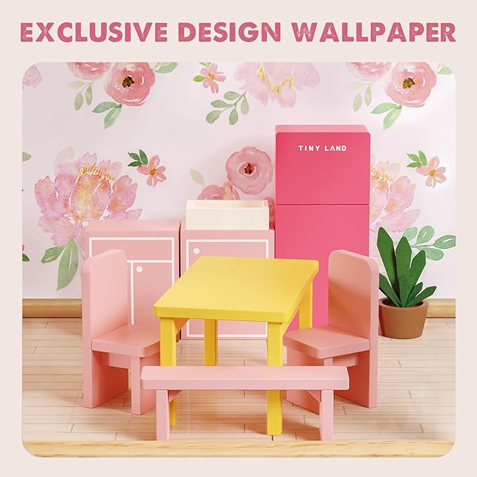 Tiny Land Wooden Dollhouse for Girls - 6 Rooms Wooden Doll House, DIY Pretend Doll House with 31Pcs Furniture Accessories, Creative Gift for Girl Ages 3+