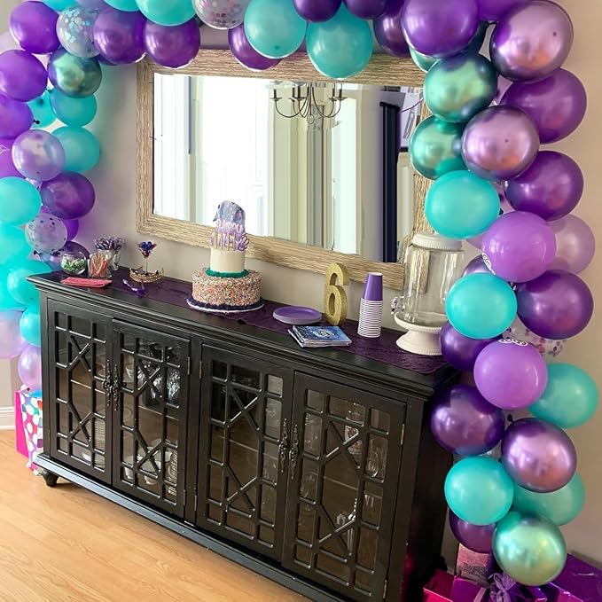 Mermaid Balloon, 12 Inch Mermaid Theme Balloon, Metallic Purple Green Party Balloons, Teal Green Purple and White Balloons with Confetti for Mermaid Party Girls Birthday baby shower Decoration