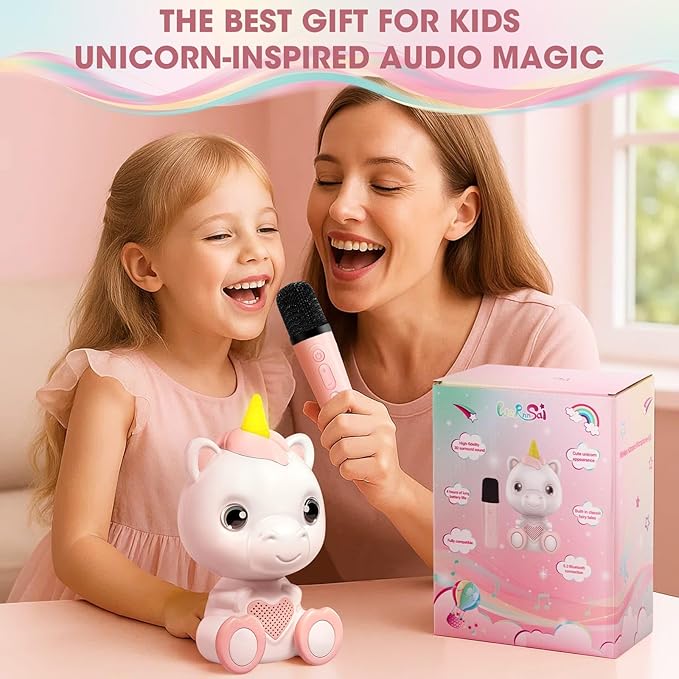 Mini Karaoke Machine for Kids - Unicorn Portable Bluetooth Speakers with 2 Wireless Mic and LED Light, Toddler Karaoke Machine for Girls 3-5 6 8-12 Year Old, Unicorn Birthday Gifts Toys Pink