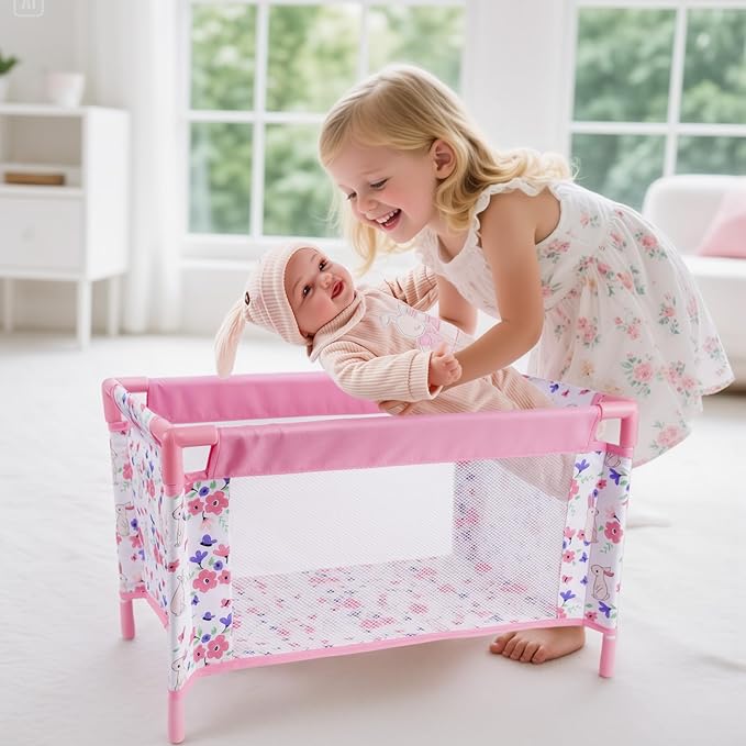 Reborn Baby Dolls Crib, Babys Doll Bed for 18 Inch Baby Dolls, Removable Babys Doll Playpen Toy Crib, Reborn Baby Doll Accessories with Storage Bag, Toy Gift for Kids Ages 3+