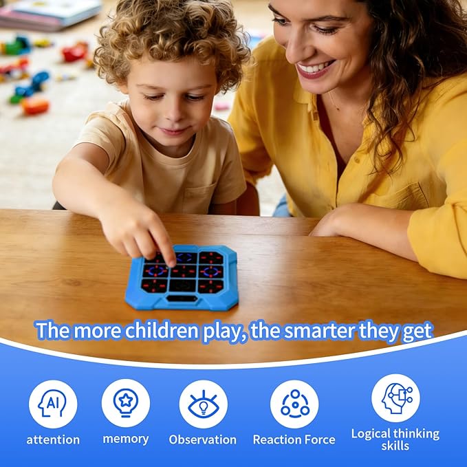 6-in-1 Rechargeable Electronic Tic-Tac-Toe Game, Portable Digital Travel Toy, Suitable for Children, Boys, Girls and Adults, Educational Memory Learning Toy for Ages 4 and Up (Blue)