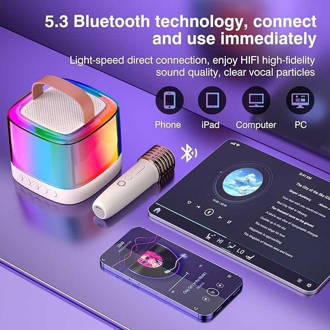 Mini Karaoke Machine for Kids with 2 Wireless Microphones, Portable Bluetooth Speaker & LED Lights, Birthday Gift Toy for Girls and Boys Ages 3–12+ (White)