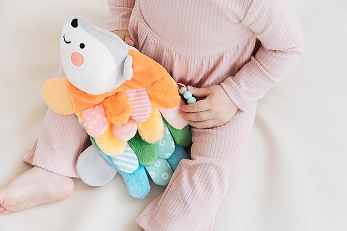Pearhead Hedgehog Montessori Sensory Toy, Soft Plush Lovey with Crinkle Tabs and Silicone Teether for Babies 0m+, Early Development Easter Basket Gift