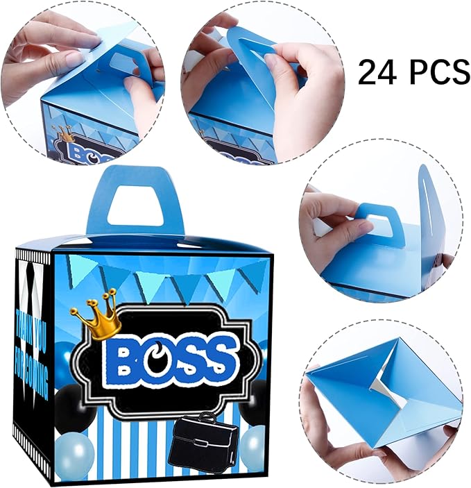 HAPPARTY BOSS Party Favor Gift Boxes 24 PCS,Blue BOSS Boy Goodie Candy Treat Boxe For 1st 2nd Birthday Decorations Supplies