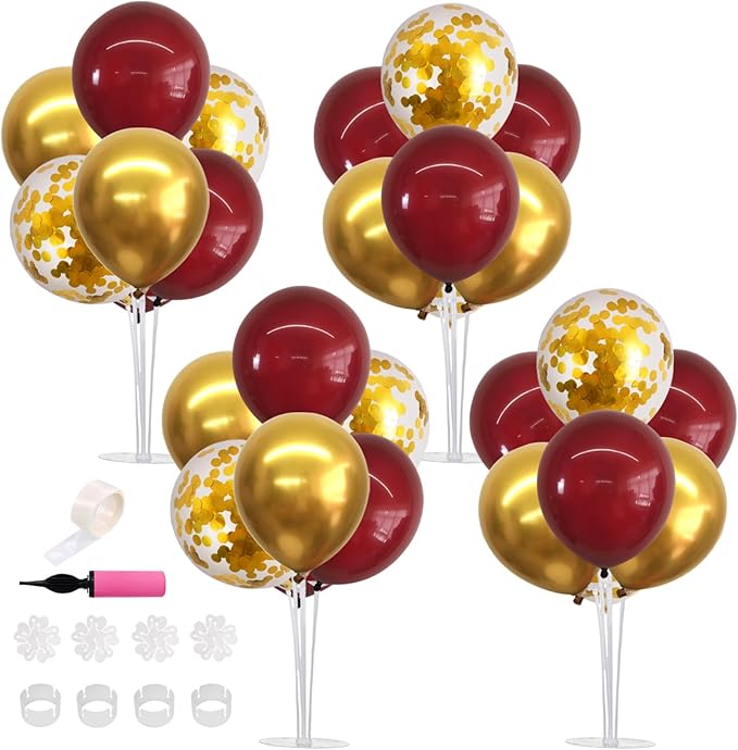 TONIFUL 4 Set Burgundy Red Gold Balloon Centerpieces for Table,Balloon Stand Kit for Graduation Decorations 2026,Christmas,2026 New Year's Eve,Anniversary,Thanksgiving,Birthday Decorations