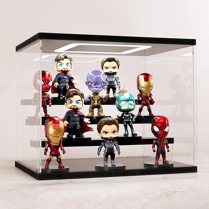 Clear Acrylic Display Case with Light , 4 Tier Display Box Stand Assembly Dustproof Protection Showcase for Collectibles Action Figures (Black 12.6×12.2×11.8in; 32×31×30cm)