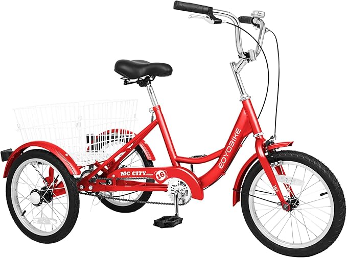 MOPHOTO 16 Inch Small Tricycle for Beginner Riders, Low Step-Through 3 Wheel Bike, Single Speed Trike with Hand Brakes, Adjustable Seat and Rear Basket, Fits Heights 3'9" to 4'9"