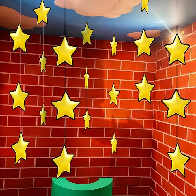 Epakh 24 Pcs Super Themed Party Decorations Hanging Birthday Party Decoration Gold Video Game Theme Ornaments Banners for Baby Shower Favors Super Game Room Home Supplies(Star)