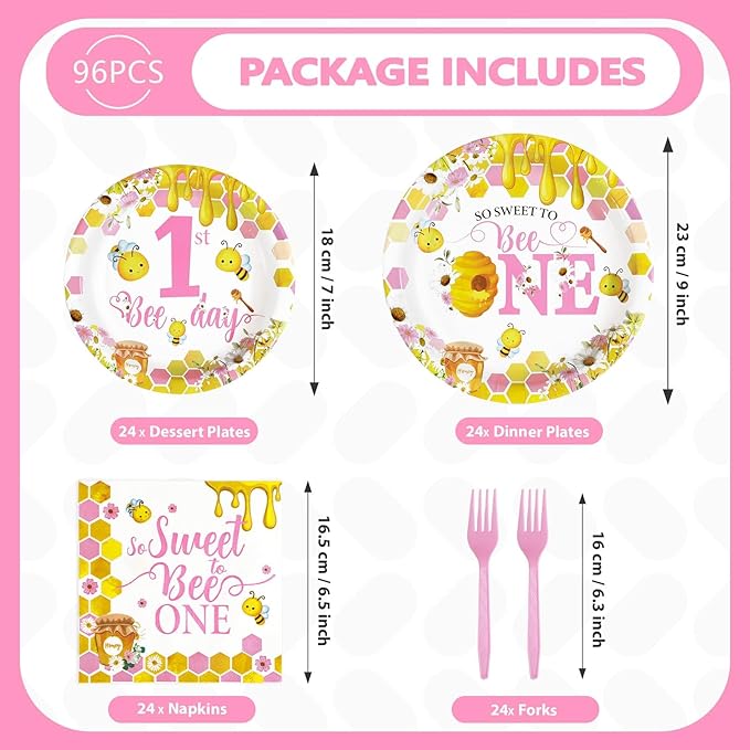 96Pcs Pink Bee 1st Birthday Party Supplies Honey First Bee Girls Baby Shower Plates and Napkins Tableware Sets So Sweet to Bee One Birthday Party Decorations for One Year Old Party Favors,Serves 24