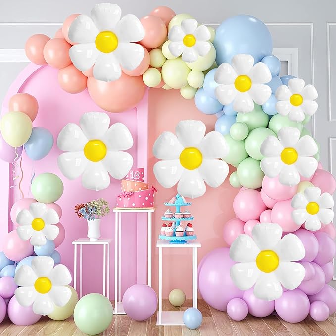 BTZO 16 Pcs Daisy Balloons, White Aluminum Foil Balloons for Birthday, Baby Shower, Wedding, Anniversary, Groovy Flower Theme Retro Hippie Party Decorations