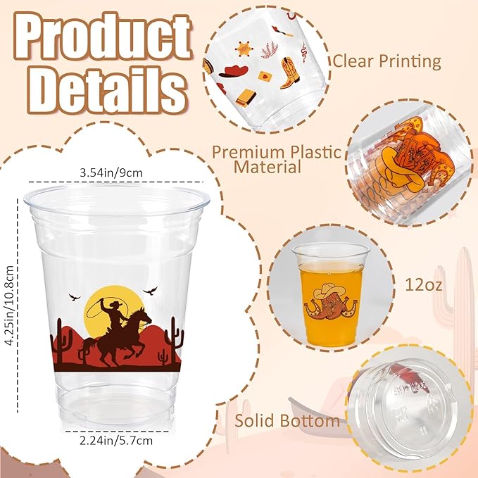 50Pcs Western Cowboy Plastic Cups,12 OZ Disposable Cowboy Themed Drinking Cups for Western Themed Parties, Tailgate Events,Christmas Wedding Birthday Rodeo Party Supplies Decorations Favors
