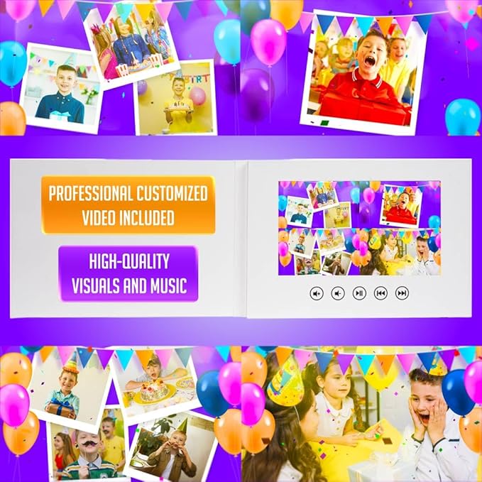 Personalized Kids Video Greeting Card for Birthday Boy – Upload 22 Photos – Animated Slideshow – 7” Digital Display, USB Rechargeable, 4GB Memory