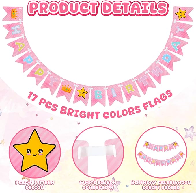 Ctosree Pink Princess Party Supplies 8.2ft Happy Birthday Banner Signs Pink Crown and Star Flag Hanging Bunting Banner Flag for Valentine's Galentine's Photo Props Birthday Party Decoration