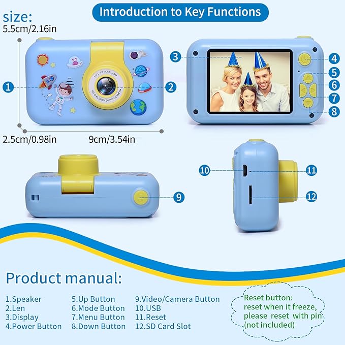 Kids Camera,2.4in IPS Screen Digital Camera,180°Flip Lens Camera,Children Selfie Camera with Playback Game,Christmas/Birthday Gift for 4 5 6 7 8 9 10 11 Year Old Girl Boy (Blue)