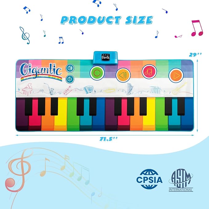 Costzon Floor Piano Mat for Kids & Toddlers, 6ft. Giant Piano Playmat Keyboard Dance Mat, 24 Keys, 8 Instrument Sounds, 10 Songs, Record & Playback, Adjustable Volume, Musical Toy Gift for Boys Girls