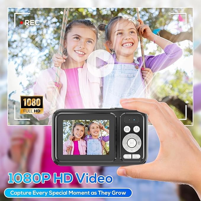 Digital Camera for Kids, 48MP FHD 1080P Point and Shoot Digital Cameras with 16X Zoom Anti-Shake, Compact Portable Cameras for Photography, for Boys Girls Teens Beginners-Glossy Black