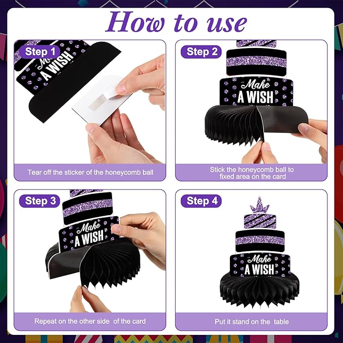 Pajean 8 Pieces Purple and Black Birthday Party Honeycomb Centerpieces Purple Black Table Centerpieces Decorations Table Centerpiece Sign for Kids Adults Party Supplies