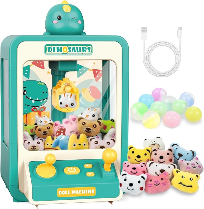 Claw Machine for Kids, Dinosaur Claw Machine Arcade Toy for Girls Boys 3+, Mini Vending Machine for Kids with 10 Mini Plush Toys, Electronic Party Prize Candy Dispenser Toy Game for Birthday Gift