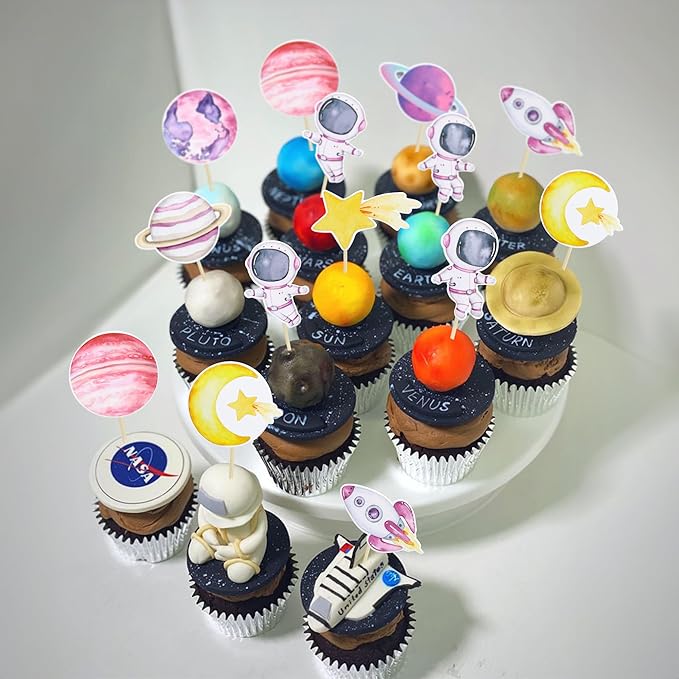 Ephlyn 36Pcs Space Astronaut Cupcake Toppers Space Girl Moon Star Rocket Planet Cupcake Toppers Earth Planet Cupcake Picks Space Theme Gender Reveal Birthday Shower Party Supplies Pink