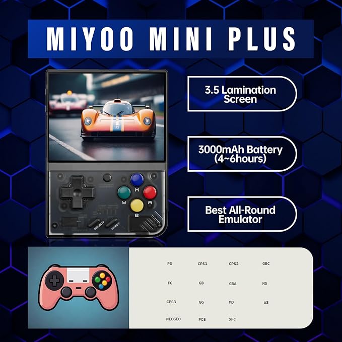 Miyoo Mini Plus, Retro Gaming Console with 64G Memory Card, 3.5-inch IPS Screen, 3000mAH Long Endurance Battery，with Storage Case, Support 10000+ Games (Transparent Purple 64G)