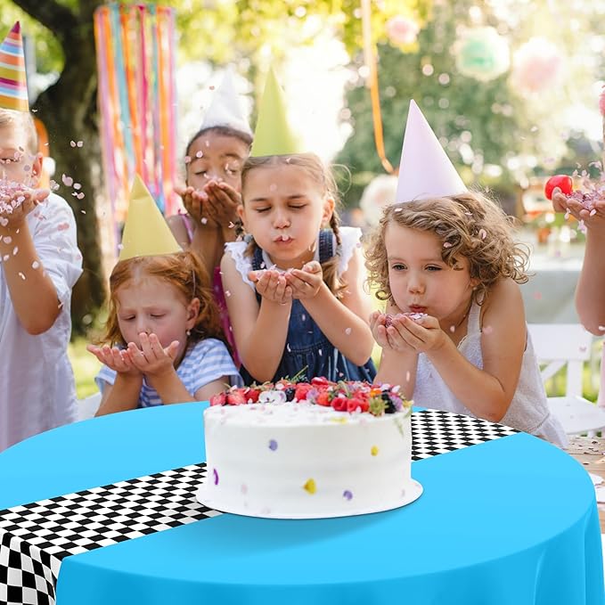 Oudain 3 Pcs Cars Birthday Party Supplies Racing Party Decorations Round Racing Tablecloth Checkered Flag Table Covers Road Plastic Table Cloth, 1950s Disco Dancing Party Tablecloth (Light Blue)