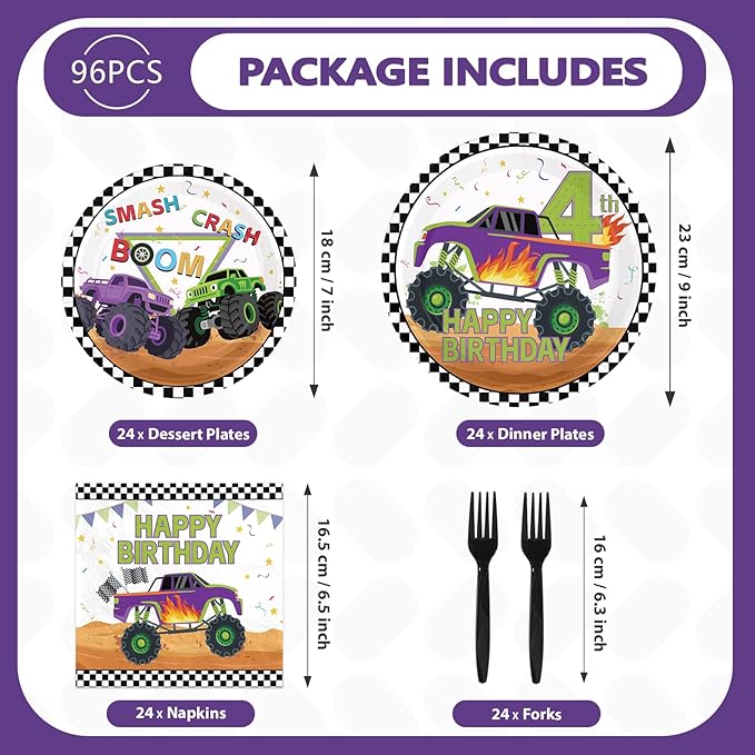 96Pcs Monster Theme Truck 4th Birthday Party Decoration Monster Birthday Plates and Napkins Green Purple Truck Disposable Paper Tableware Set for Kids Boys 4th Party Supplies Serves 24
