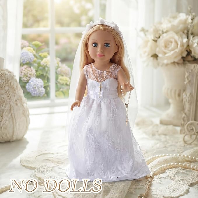 7 Pcs 18 Inches American Doll Clothes Outfit First Communion Dress with Matching Headband Veil Bracelet Shoes Socks Necklaces Fit 18 Inches Dolls, Doll Not Included (Veil)