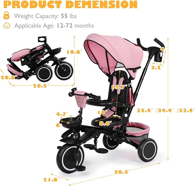 Folding Kids Tricycle, 8 in 1 Toddler Trike W/Removable & Adjustable Canopy, Parent Handle, 5-Piont Harness, Toddler Bike Tricycle for Kids 1-6 Years, EVA Wheels, Storage Basket, Pink
