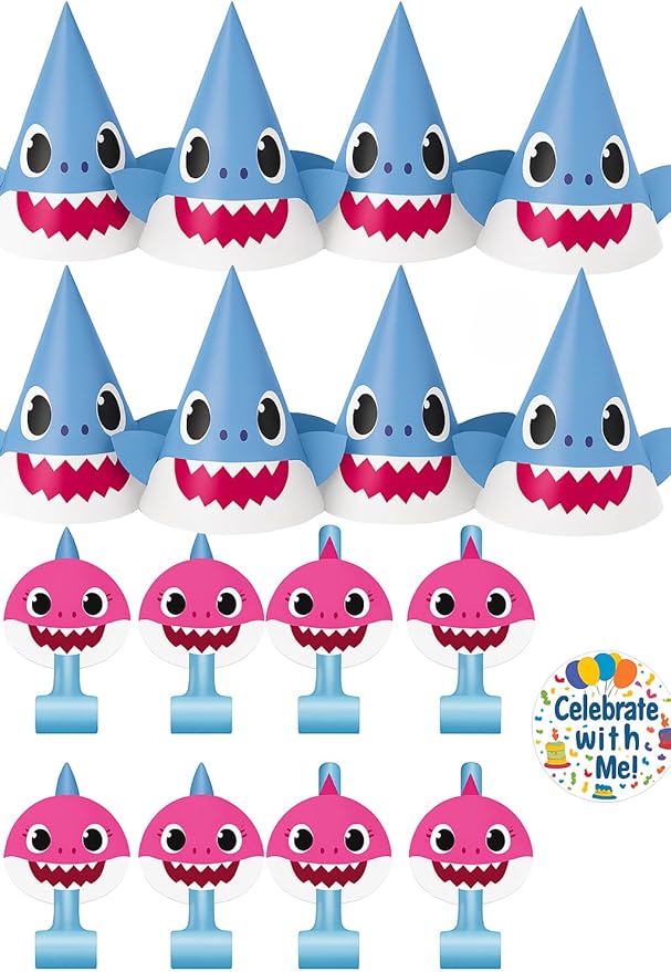 Unique Baby Shark - Party Hats, Blowouts & Sticker Bundle | Officially Licensed | 8 Hats, 8 Blowouts & 1 Sticker Sheet | Birthday Party Supplies Set | Baby Shark Decorations & Favors for Boys & Girls