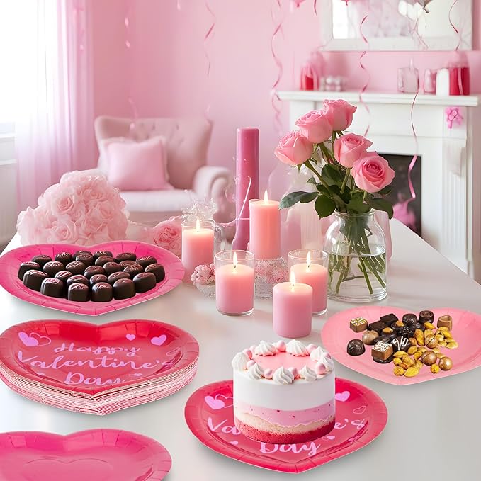 24 Pcs Happy Valentine's Day Plates - Red Pink Heart Shaped Paper Plates, Disposable Love Heart Dinner Dessert Plate Tableware for Valentines Day Anniversary Wedding Party Supplies, 7.5 x 7.5 Inch