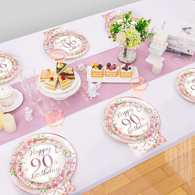 96 Pcs 90th Birthday Party Decorations for Women Rose Gold Floral 90th Birthday Plates and Napkins Tableware Sets 90 and Fabulous Party Supplies for 90 Years Old Birthday Party Favors Serves 24
