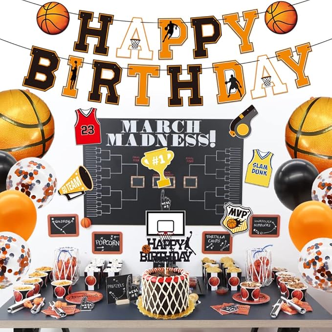 Basketball Birthday Decorations Include Pre-Strung Happy Birthday Banners, NO DIY Cake Topper, Balloons, Slam Dunk Sports Game Day Themed B-Day Party Supplies for Kids Teenagers Boys Men Women