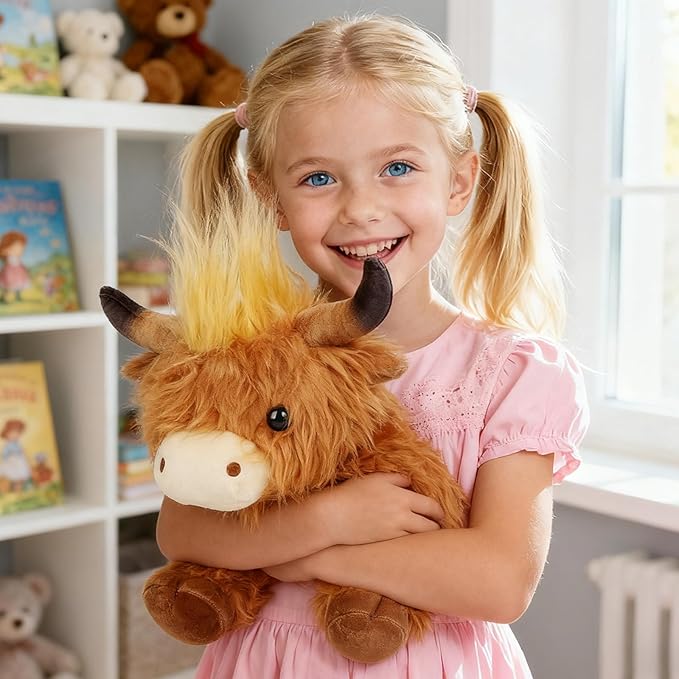 11.5" Highland Cow Stuffed Animal，Soft and Fluffy Highland Cow Stuffed Animal, Best Gift for Kids & Girls Halloween, Christmas or Birthday (Brown)