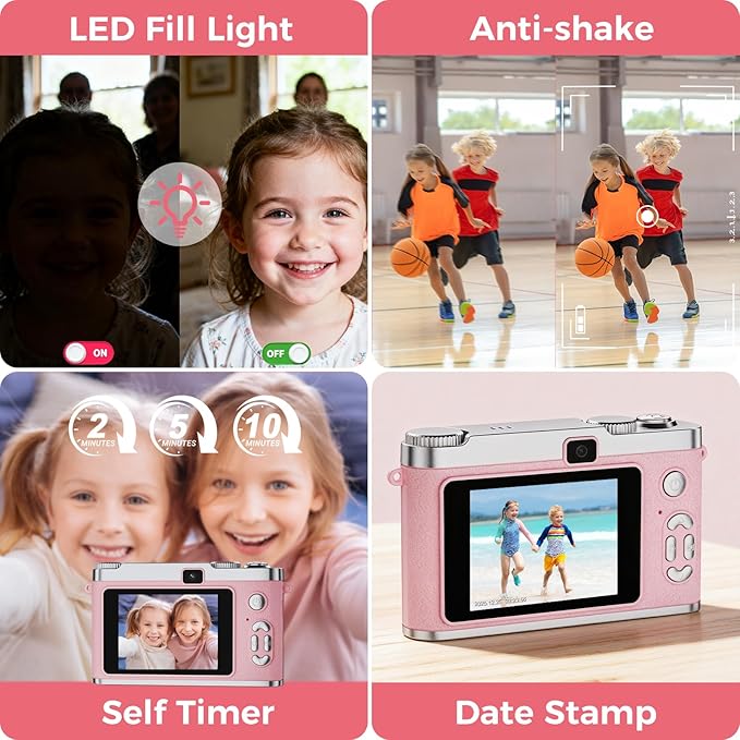 Upgrade Kids Selfie Camera, HD Digital Video Cameras for Toddler, Portable Toy for 3 4 5 6 7 8 Year Old Girl with 32GB SD Card-Pink
