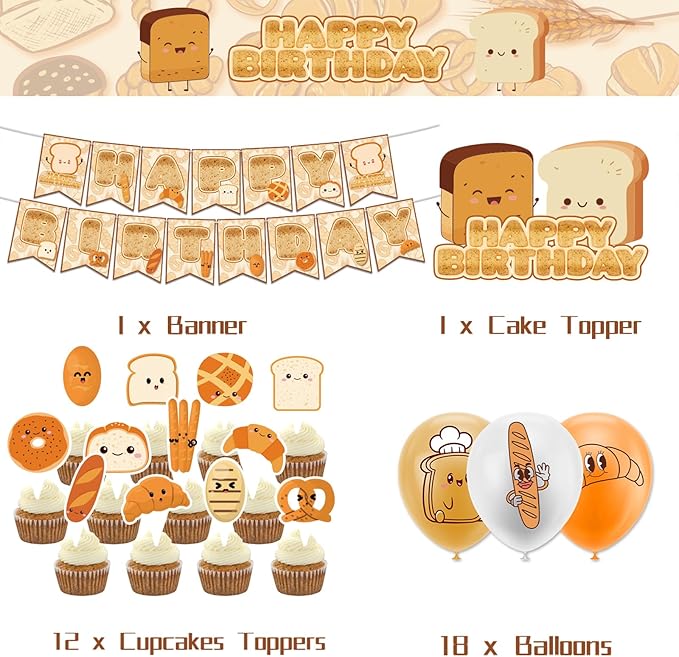 Toast Bread Birthday Party Supplies - Includes Banner, Cake Topper, Cupcake Toppers, Balloons for Bread Theme Party