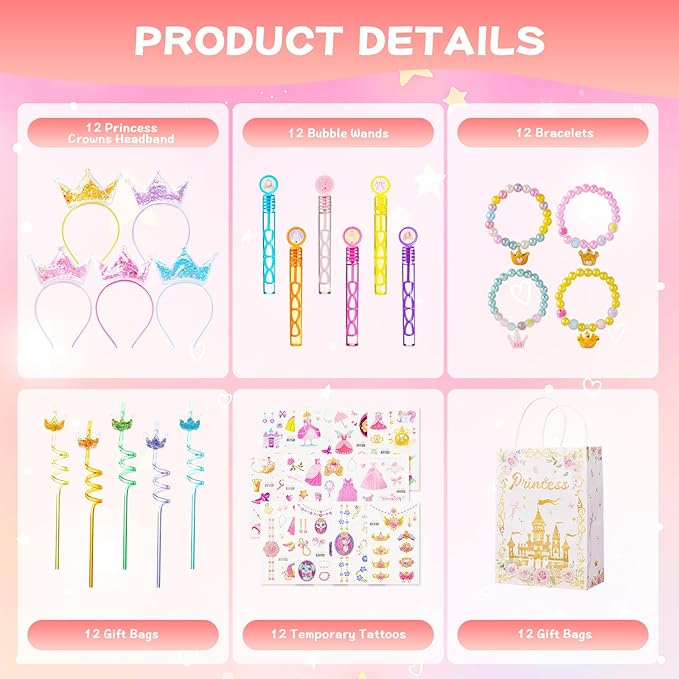 Vanblue 72Pcs Princess Party Favors Crown Birthday Decorations Party Supplies for Girls, Crown Headbands Princess Castle Goodie Bag Stuffers,Pinata Fillers Classroom Rewards Gifts for Kids