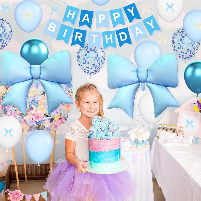 Blue Bow Birthday Decorations, Blue Happy Birthday Banner with Satin Ribbon Mini Bows Decor, White and Clear Balloons and Bow Foil Balloon for Girls Birthday Bows Theme Party Supplies