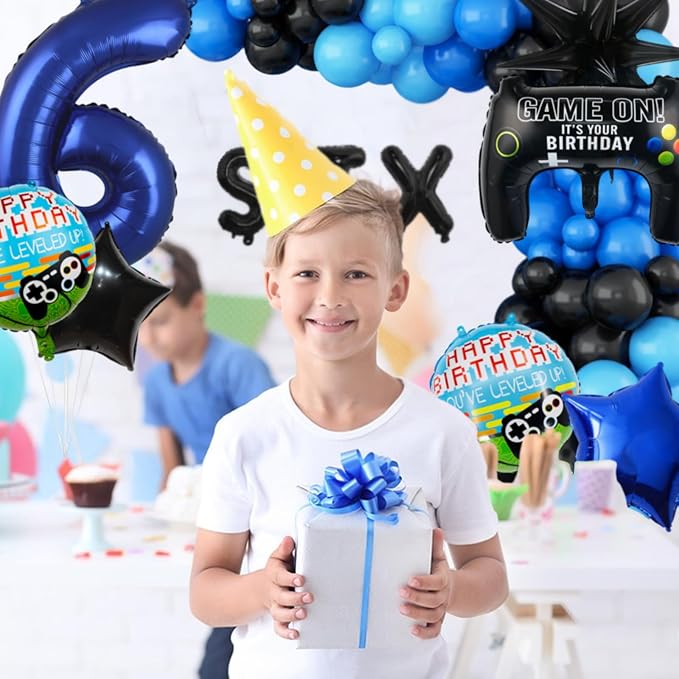 11pcs Video Game Themed Party Decorations, Number 6th Boys Birthday Party Supplies, Navy Blue Video Game Controller Mylar Foil Balloon, Video Game Party Decoration Supplies