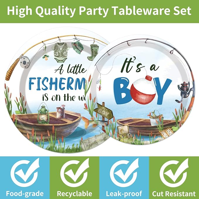 96PCS Fishing Baby Shower Plates and Napkins Party Supplies Fishing Baby Shower Decorations A Little Fisherman is on the Way Gone Fish Party Decorations Disposable Tableware Set Serve 24 Guests
