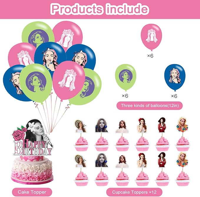 lana Party Decorations,Birthday Party Supplies Includes Banner - Cake Topper - 12 Cupcake Toppers - 18 Balloons