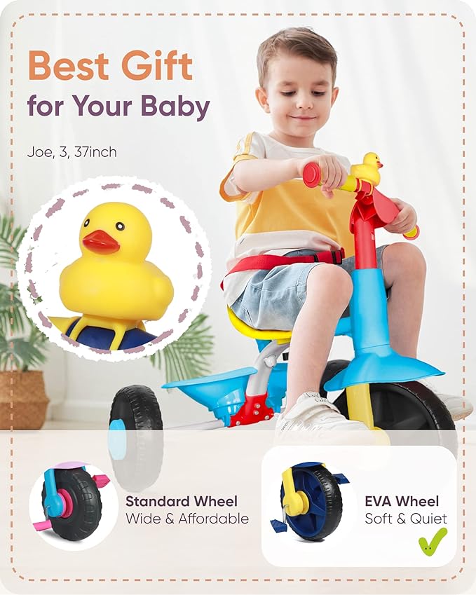 KRIDDO 2 in 1 Kids Tricycles Age 18 Month to 3 Years, Gift Toddler Tricycles for 2-3 Year Olds, Trikes for Toddlers with Push Handle and Duck Bell EVA Wheel