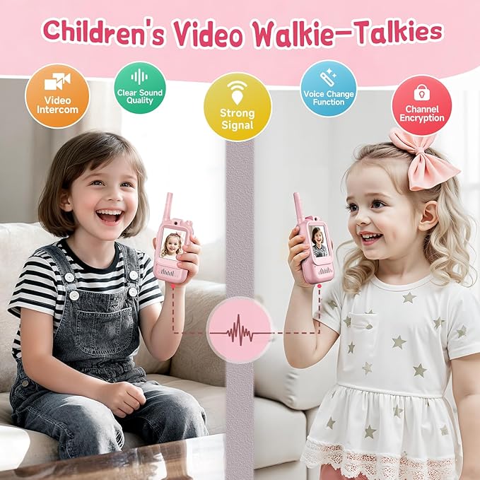 Video Walkie Talkies for Kids, Handheld 2 Pack Rechargeable Video Intercom Kids Walkies Talkies, Indoor Outdoor Toys for Family Games, Outside, Camping, Hiking for Boys Girls Ages 3-12 (Pink/Pink)