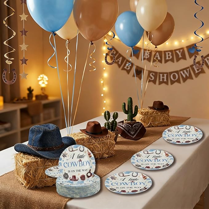120 Pcs a Little Cowboy Is on The Way Baby Shower Paper Plates Cowboy Disposable Paper Plates Baby Shower Party Supplies for Girl Boy Spring Decoration
